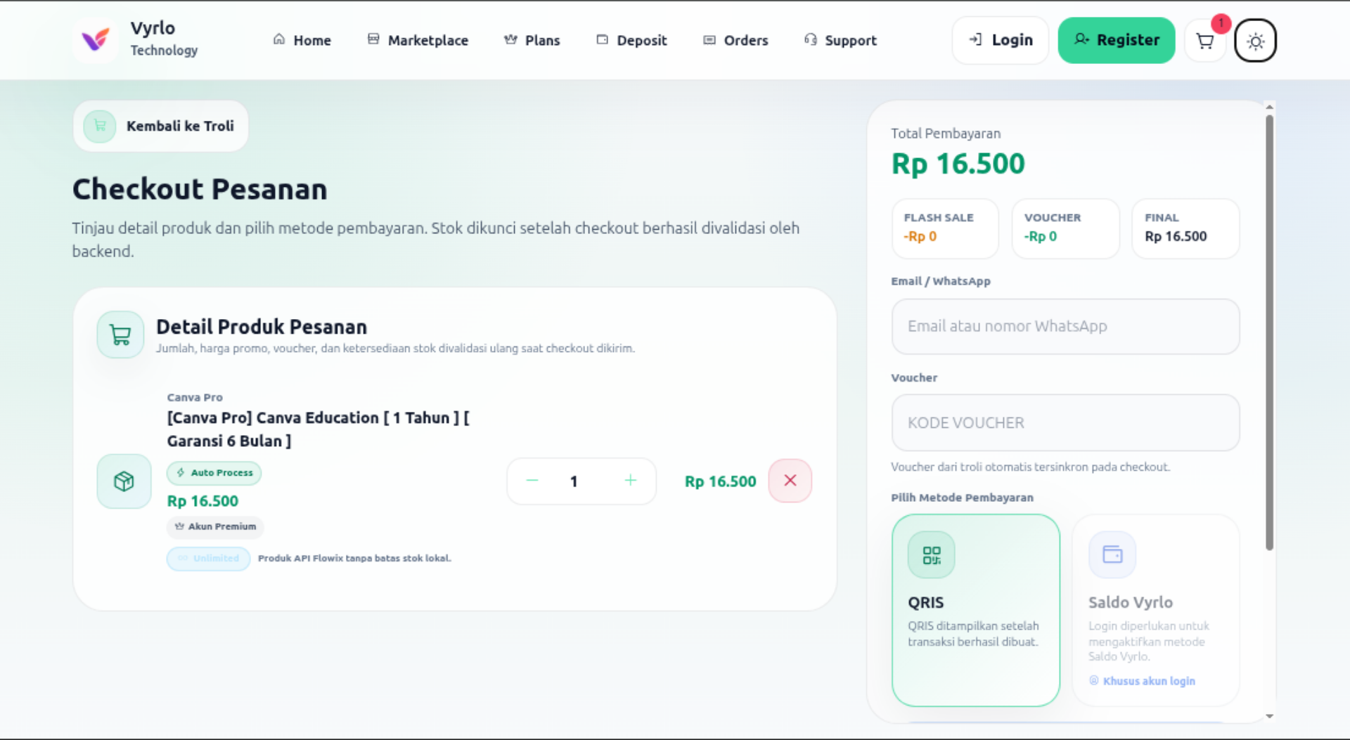 Screenshot katalog produk Vyrlo